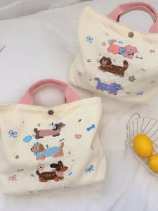 Sac À Main En Velours Côtelé Broderie Chat Chien Dessin Animé Sac À Déjeuner Portable Tote Pour Femme Avec Fermoir Métal