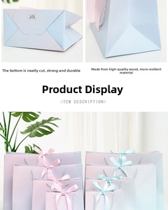 Detailed view of marble pattern gift bags with ribbon bows in 18x10x13cm size