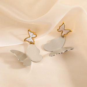 Elegant 18K gold butterfly earrings with mother of pearl inlay on premium silk