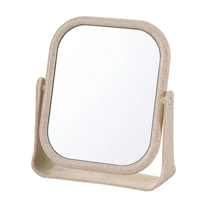 Double-sided desktop makeup mirror with beige wheat straw frame on white background