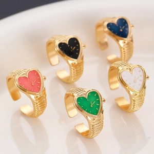 Detail of heart-shaped watch-style rings in five vibrant colors with gold metal finish