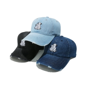 Baseball Cap Washed Denim Cotton Sun Protection Cartoon Dalmatian Dog Embroidery Distressed Ripped Brim Women Vintage
