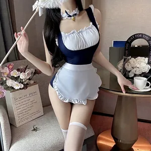 Lingerie Sexy De Servante Body Avec Tablier À Volants Et Ras Du Cou À Clochette Thème Cosplay Bleu Blanc Polyester Spandex