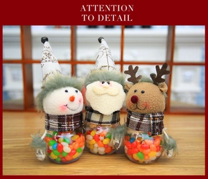 Close-up of Christmas candy jars featuring plush Santa, Snowman and Reindeer characters