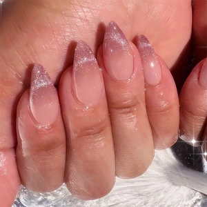 Press On Nails Pink Purple Gradient Cat Eye Effect Glitter Almond Shape French Style Artificial Fingernails