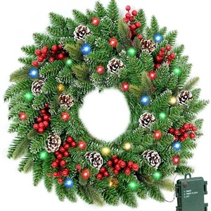 Christmas Wreath LED Light Up Artificial Pine Needle Pine Cone Berry Bow Holiday Xmas Home Door Wall Decoration Festive