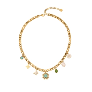 Bohemian gold stainless steel necklace with flower butterfly pendant and fresh water pearl