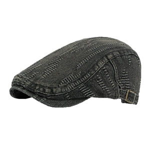 Vintage dark grey washed denim ivy cap with jacquard texture and side metal buckle