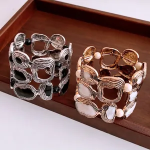 Vintage Alloy Wide Bracelet Irregular Wrinkle Texture Geometric Enamel Beads Retro Bohemian Bangle Hand Jewelry For Women