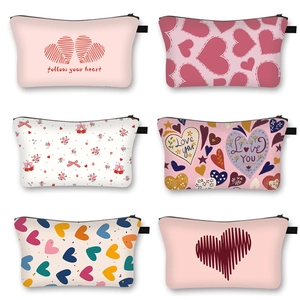 Heart Print Polyester Makeup Bag Portable Zipper Cosmetic Pouch Travel Storage Organizer For Women Valentine Day Gift Sweet Style