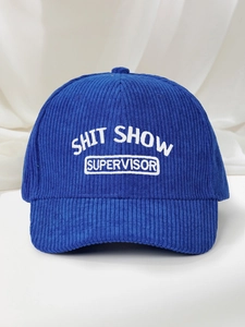 Close-up of Shit Show Supervisor white embroidery on navy blue corduroy baseball cap