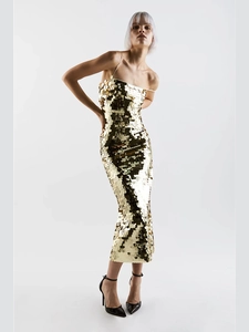 Elegant gold sequin bodycon maxi dress with thin straps for glamorous evening parties