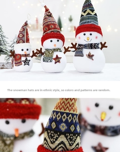 Detail of folk-style knitted hat texture on plush Christmas snowman doll decorations