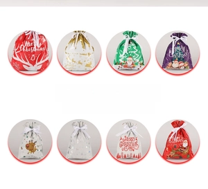 Variety of Christmas drawstring gift bags with Santa, reindeer, and snowman patterns