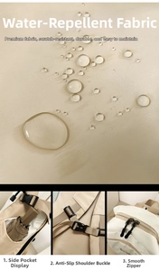 Detail showing water-resistant fabric with raindrops and functional backpack buckles