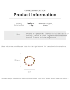 Detailed specs of rose gold copper bracelet featuring colorful cubic zirconia stones
