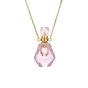 Lavender amethyst perfume bottle pendant with gold box chain on white background