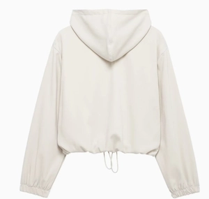 Back view of beige hooded bomber jacket with drawstring hem and elastic cuffs