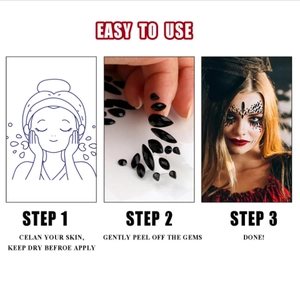 Three-step application guide for black 3D face gems and rhinestones for festival makeup