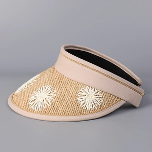 Detail of khaki sun visor straw hat featuring delicate white daisy flower embroidery