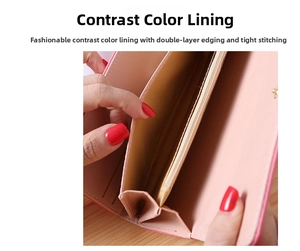 Detailed view of pink PU leather wallet with contrast lining and multiple card slots