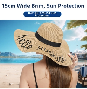 Detail of 15cm wide straw hat brim with hello sunshine embroidery for sun protection