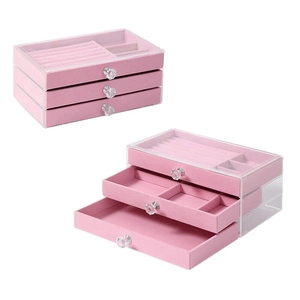 Three-layer pink acrylic jewelry organizer box with velvet drawers for rings and necklaces