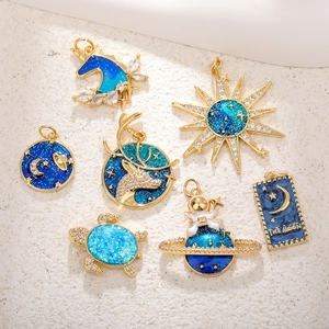Copper Zirconia Blue Opal Pendant Charm Unicorn Moon Turtle Astronaut Tarot Style Starry Sky DIY Jewelry Accessories