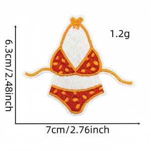 Detailed size specifications for embroidered bikini patch with measurements and scale