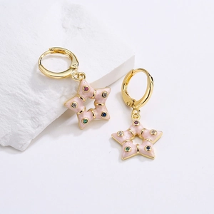 Bohemian 18K gold plated hoop earrings with pink enamel stars and multi-color zircon