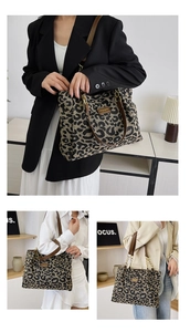 Three-way view of large leopard print tote bag with chain strap styled with casual blazers