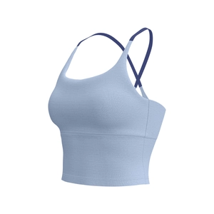 Hellblauer Yoga-Sport-BH mit dunkelblauen Überkreuzträgern und hochelastischem Stoff
