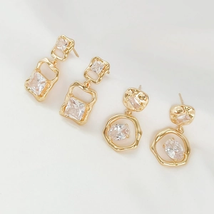 14K Gold Plated Geometric Zirconia Stud Earrings With 925 Sterling Silver Post Irregular Square Round Minimalist Jewelry For Women