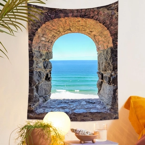 Detail of wall tapestry featuring Mediterranean sea view archway for home decor