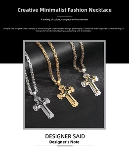 Detailed view of industrial cross pendants in gold, silver, and two-tone stainless steel