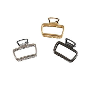 Minimalist rectangular hollow metal hair claws in gold, silver, and gunmetal finishes