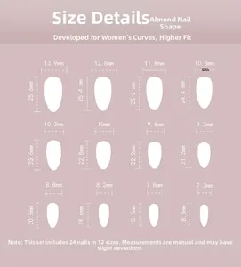 Size chart for almond-shaped press-on nails featuring twelve unique dimensions in mm