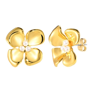 Elegant gold flower stud earrings with white pearls in a four-petal minimalist design
