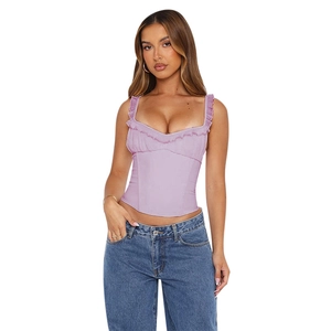 Top sexy in mesh viola lavanda da donna con corpetto arricciato e bordi a volant