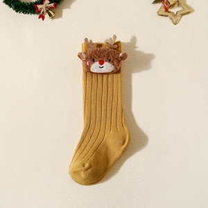 Ginger yellow Christmas mid-calf baby socks featuring 3D plush reindeer and knit texture