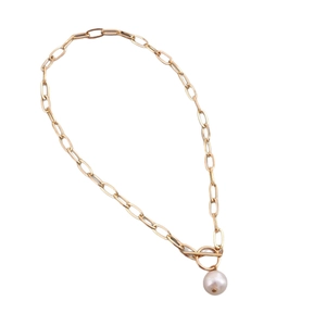 Golden chunky chain necklace with toggle clasp and white pearl pendant for women