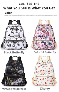 Detail view of four backpack patterns including butterfly, floral, and cherry prints