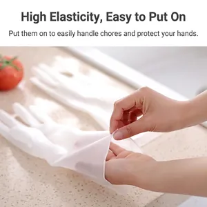 White latex kitchen cleaning gloves with elastic texture and non-slip inner grip