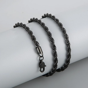 Polished black stainless steel twisted rope chain necklace with a secure lobster clasp