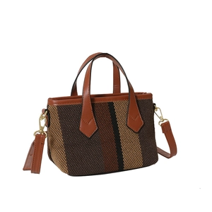 Brown striped knit and leather crossbody bag with dual handles and gold hardware