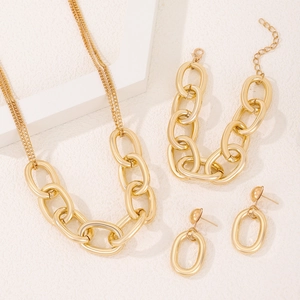 Minimalist gold chunky chain jewelry set with necklace, bracelet and earrings on white