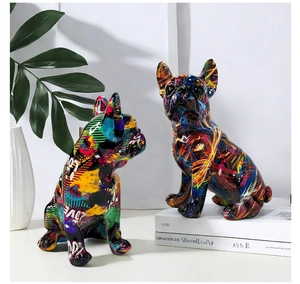 Close-up of colorful resin bulldog statues with artistic graffiti pattern for home decor