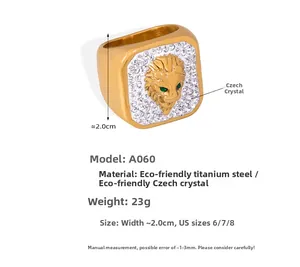 Detail showing titanium steel lion head ring with CZ diamonds and green gemstone eyes