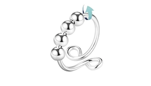 Detail view of silver adjustable anxiety ring with rotatable beads and rotation arrow
