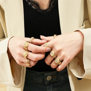 Gold plated watch strap style initial rings with zircon inlay and adjustable band